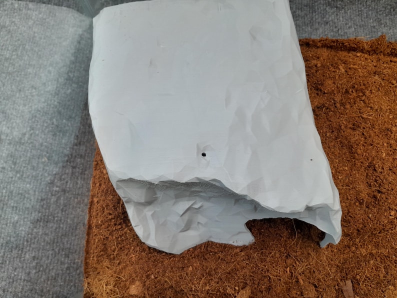 May include: A white ceramic planter with a rough, textured surface and a small hole in the center. The planter is sitting on a bed of brown coconut coir.