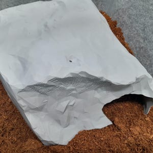 May include: A gray, textured, 3D printed reptile hide with a cave opening. The hide is made of a smooth, plastic-like material and is designed to provide a safe and secure hiding place for reptiles.