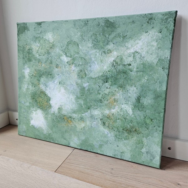 Original Abstraktes Acrylbild "Tinkerbell" mit Glitzer auf Leinwand (40x50) | Abstrakte Kunst im schönen grün | Leinwandkunst Malerei