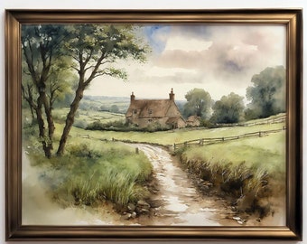 Countryside Cottage Watercolor Art Print - Digital Download - Rural Landscape Wall Art, Home Decor