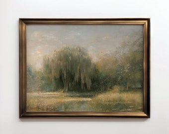 Enchanted Willow Digital Download - Tranquil Lakeside Scene Art Print - Serene Landscape - Oil painting Wall decor