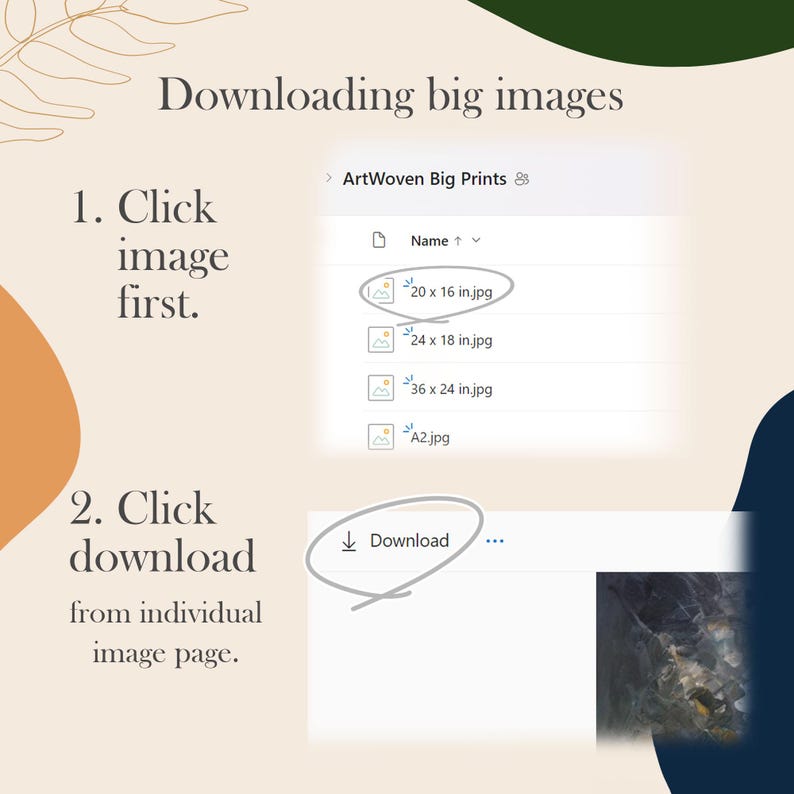 May include: Screenshot of a computer screen showing a website with a list of downloadable images. The website is titled "ArtWoven Big Prints". The list of images includes different sizes, such as 20 x 16 inches, 24 x 18 inches, 36 x 24 inches, and A2. A download button is visible below the list of images.