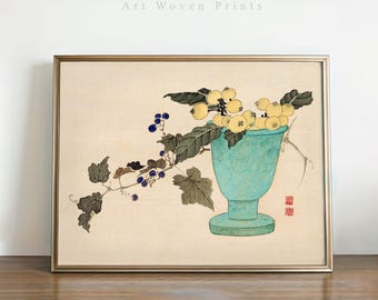 Vintage Botanical Art Print - Digital Download, Blue Vase with Yellow and Blue Fruits - Japanese Wall Decor for Home & Office