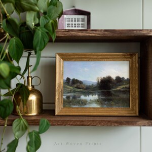 May include: A framed landscape painting of a lake with trees and a blue sky. The painting is in a wooden frame with a gold finish. The frame is sitting on a wooden shelf.
