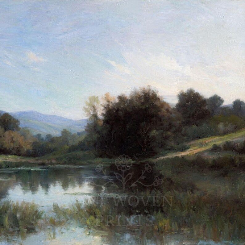 May include: A painting of a tranquil landscape with a lake in the foreground, surrounded by lush greenery and trees. The sky is a soft blue with wispy clouds. The scene evokes a sense of peace and serenity.