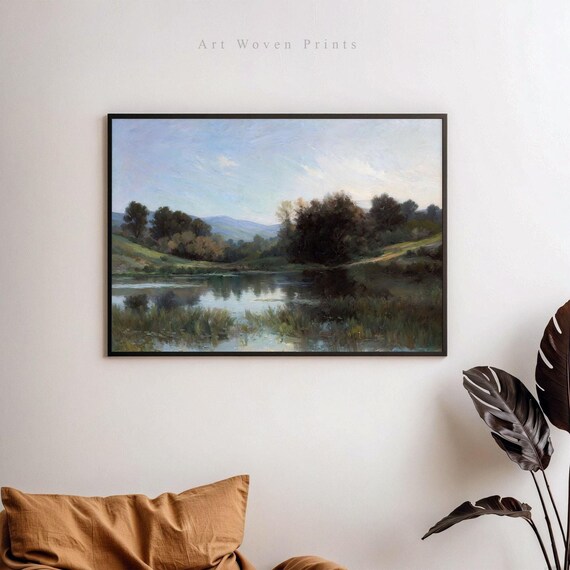 Serene Landscape Art Print, Digital Download - Peaceful Pond and Trees, Impressionist Painting - Nature Wall Décor for Home