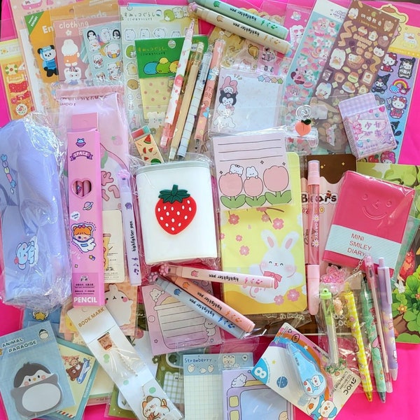 Kawaii stationery box grab bag stickers pencil cases | mega school supplies deco journal sets| surprise mystery stationery bundle set | gift