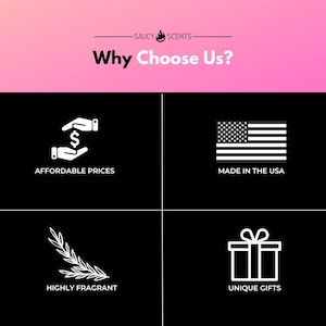 K&ouml;nnte beinhalten: Eine Grafik mit vier Symbolen, die Gr&uuml;nde f&uuml;r die Wahl eines Unternehmens darstellen. Die Symbole sind: eine Hand, die ein Dollarzeichen h&auml;lt, eine US-Flagge, ein Zweig mit Bl&auml;ttern und eine Geschenkbox. Der Text unter den Symbolen lautet: "G&uuml;nstige Preise", "Hergestellt in den USA", "Sehr duftend" und "Einzigartige Geschenke".
