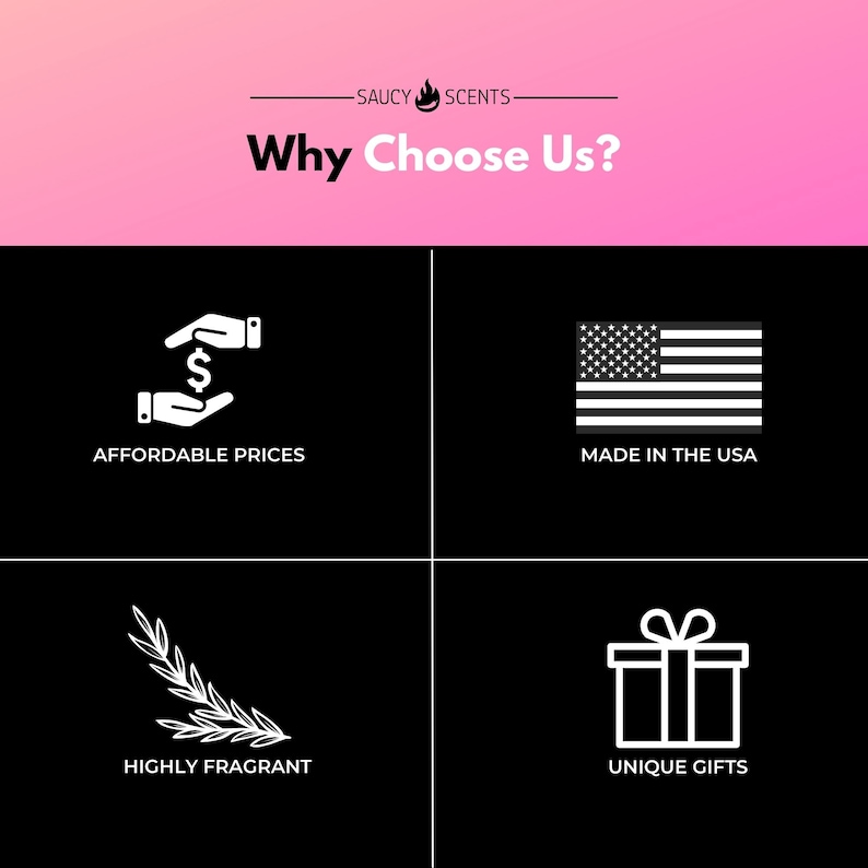 K&ouml;nnte beinhalten: Eine Grafik mit vier Symbolen, die Gr&uuml;nde f&uuml;r die Wahl eines Unternehmens darstellen. Die Symbole sind: eine Hand, die ein Dollarzeichen h&auml;lt, eine US-Flagge, ein Zweig mit Bl&auml;ttern und eine Geschenkbox. Der Text unter den Symbolen lautet: "G&uuml;nstige Preise", "Hergestellt in den USA", "Sehr duftend" und "Einzigartige Geschenke".