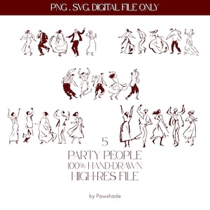 Peut inclure: Une collection numérique d'illustrations au trait rouge foncé représentant diverses personnes dansant dans différentes poses. Le texte indique PNG . SVG. DIGITAL FILE ONLY, 5 PARTY PEOPLE 100% HAND-DRAWN HIGH-RES FILE, et by Pawshade.