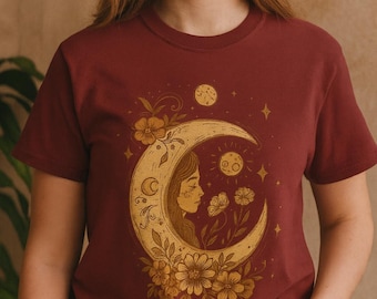 Camiseta Boho Celestial Lua, Camiseta com Estampa Floral e Sol Místico, Camiseta Unissex Estilo Bruxa