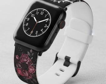 ゴシックスカル Apple Watch バンド：ブラックローズ＆ボーンハートプリント