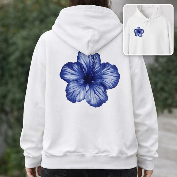 Hibiscus Flower Hoodie, Blue Floral Graphic Sweatshirt, Minimal