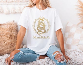 Boho Mystical Snake Comfort Colors T-Shirt, Gold Serpent Moon Lotus Graphic Tee, Witchy Celestial Unisex Shirt, Spiritual Occult Boho Top
