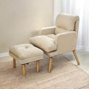 Reclining Armchair with Footstool for Living Room, Handmade with Wooden Legs and 5 Incline Options, Single Person Bedroom Armchair Recliner
