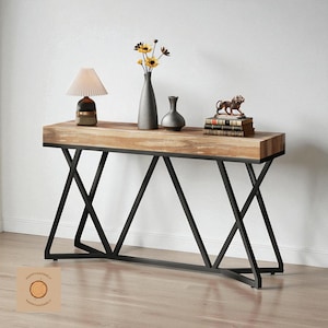 Rustikaler Holz Konsolentisch | Schlanker Eingangsbereich mit schwarzem Metallfuß, schmaler Flur-Sofatisch, moderner Bauernhaus-Wandtisch