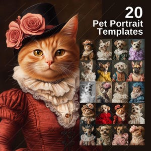 Puede incluir: Un collage de 20 plantillas de retratos de mascotas con varios animales vestidos con diferentes disfraces. Las plantillas son perfectas para crear retratos de mascotas personalizados. 20 Plantillas de Retratos de Mascotas.