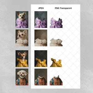 Puede incluir: Cuatro im&aacute;genes digitales de un perro con diferentes atuendos. La primera imagen muestra un perro con un collar de volantes morado. La segunda imagen muestra un perro con un collar de volantes blanco. La tercera imagen muestra un perro con un collar de volantes amarillo. La cuarta imagen muestra un perro con un collar de patr&oacute;n azul y dorado.