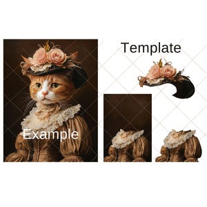 Puede incluir: Un gato jengibre con un sombrero marr&oacute;n con flores rosas y un collar de encaje. El gato lleva un vestido marr&oacute;n con un collar de encaje. El fondo es marr&oacute;n oscuro.