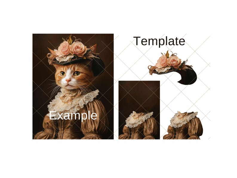 Puede incluir: Un gato jengibre con un sombrero marr&oacute;n con flores rosas y un collar de encaje. El gato lleva un vestido marr&oacute;n con un collar de encaje. El fondo es marr&oacute;n oscuro.