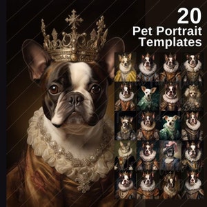 Könnte beinhalten: 20 Vorlagen für Haustierportraits. Eine Collage aus 20 verschiedenen digitalen Kunstvorlagen mit Haustieren in verschiedenen Posen und Kostümen. Die Vorlagen sind für die Erstellung von individuellen Haustierportraits konzipiert.