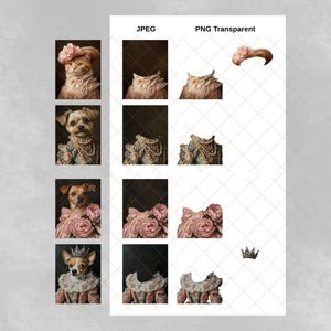Puede incluir: Una hoja de collage digital con im&aacute;genes de mascotas vestidas con atuendos reales. La hoja incluye versiones JPEG y PNG transparentes de las im&aacute;genes. Las im&aacute;genes muestran un gato con un sombrero rosa y un perro con un vestido azul con perlas. La hoja tambi&eacute;n incluye im&aacute;genes de las mascotas sin los tocados y la ropa.