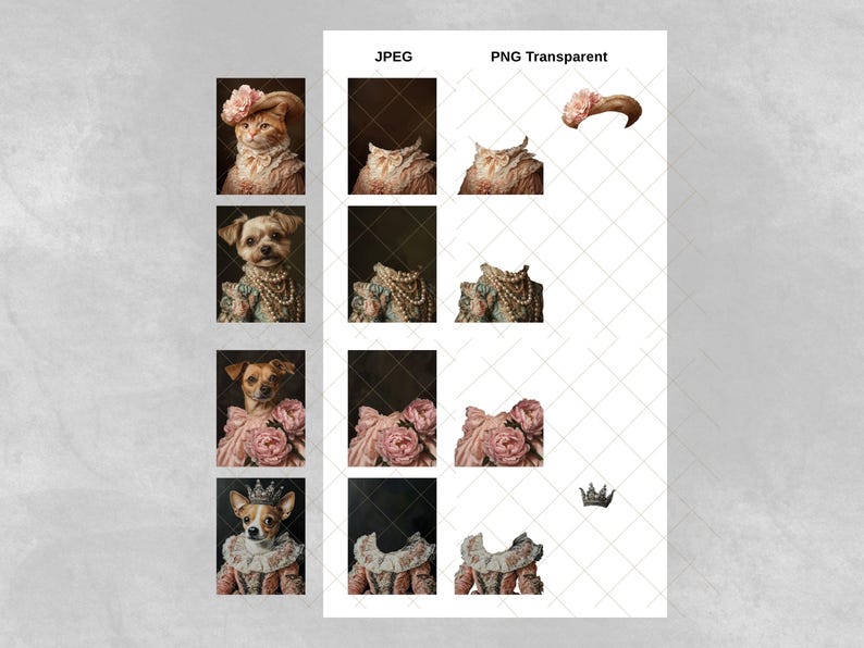 Puede incluir: Una hoja de collage digital con im&aacute;genes de mascotas vestidas con atuendos reales. La hoja incluye versiones JPEG y PNG transparentes de las im&aacute;genes. Las im&aacute;genes muestran un gato con un sombrero rosa y un perro con un vestido azul con perlas. La hoja tambi&eacute;n incluye im&aacute;genes de las mascotas sin los tocados y la ropa.