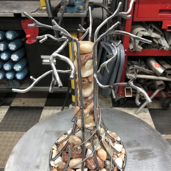 Scrap Metal Tree Sculpture “Rocky Roots” Repurposed Steel Welding Art