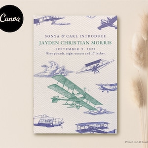 Anuncio de nacimiento Plantilla Canva 5x7 / Aviador vintage moderno / Tarjeta de bebé con aviones / Personalizable / Descarga digital / Foto opcional