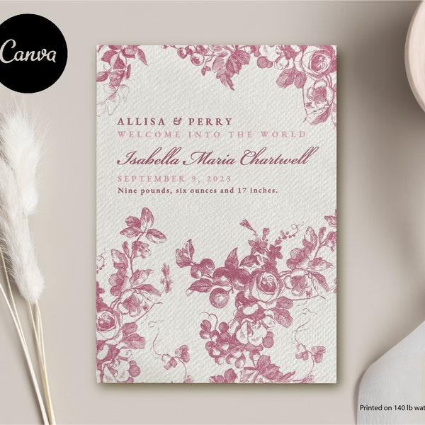 Birth Announcement 5x7 Canva Template | Modern Elegant Floral Baby Card | Customizable | Digital Download | Photo Optional | Inkjet & Laser