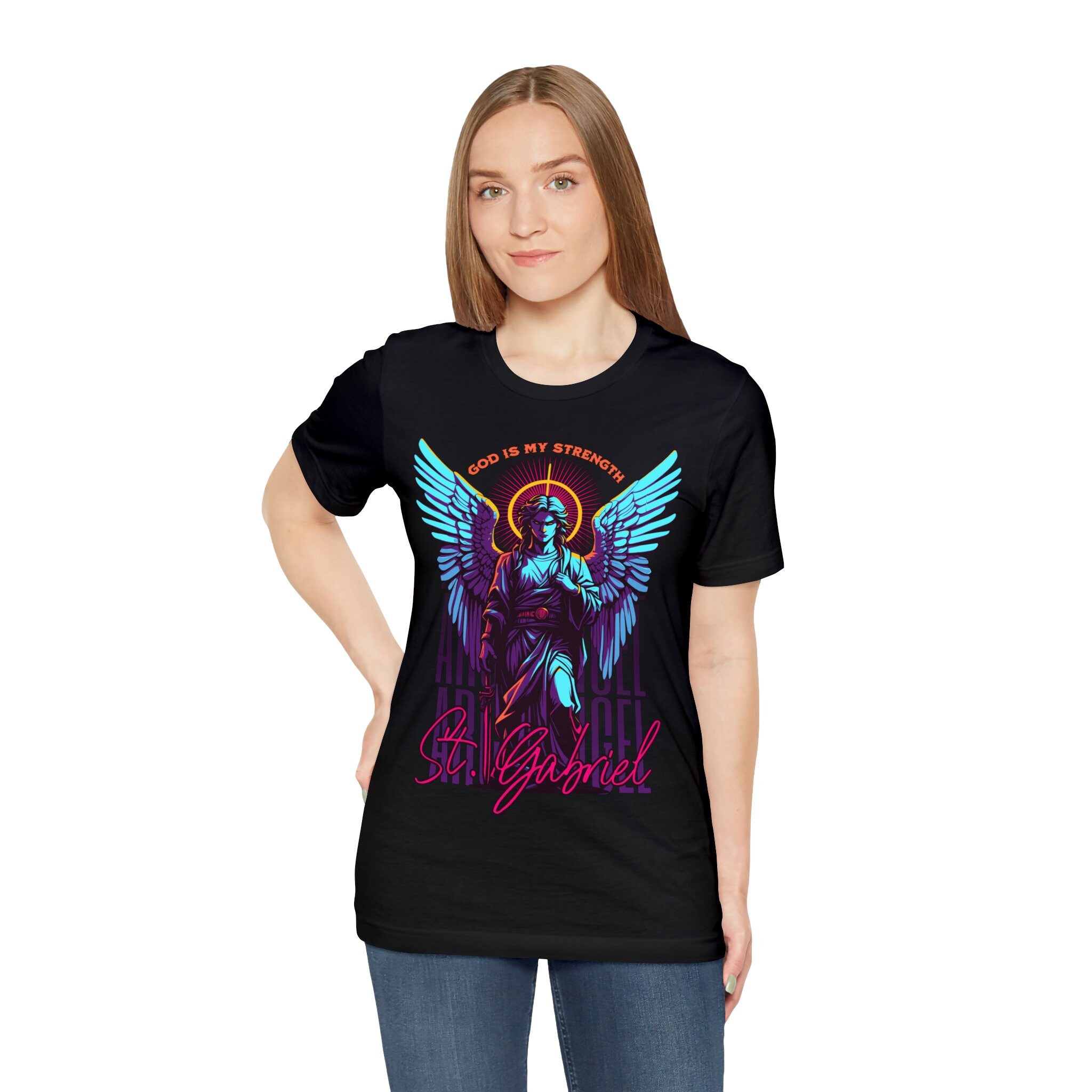 Archangel Gabriel God is My Strength Streetwear T-shirt: Black, Aqua ...