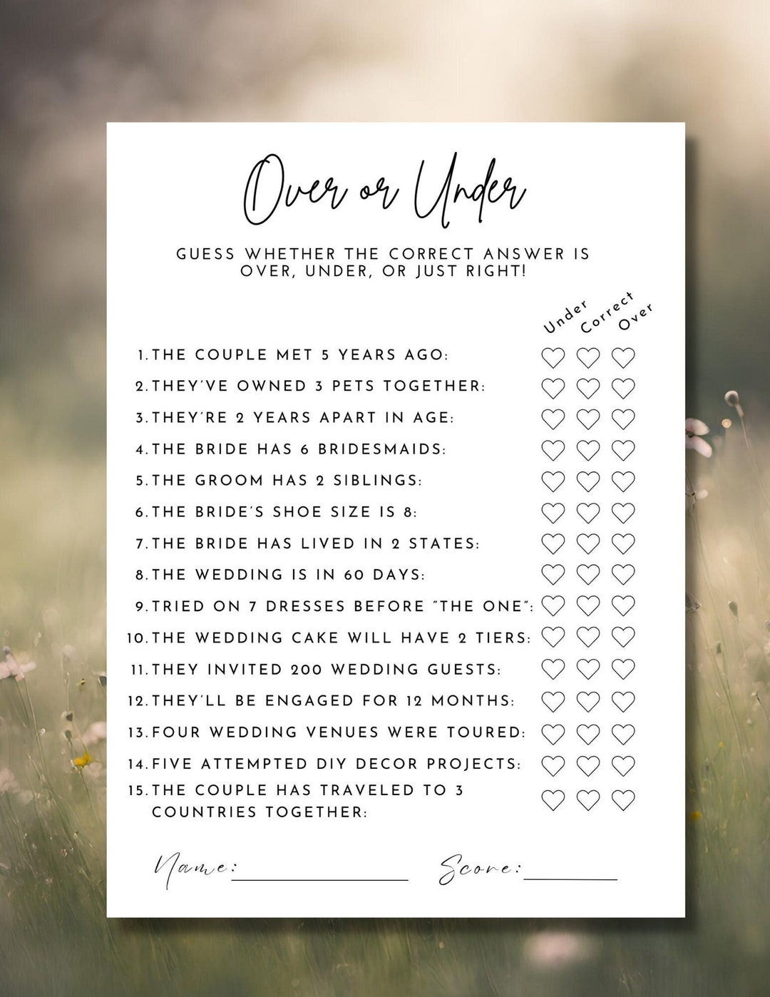 Over or Under Party Game | Bridal Shower or Bachelorette | Minimalist ...