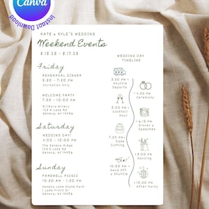 May include: A white wedding weekend event schedule with green text and illustrations. The schedule includes a rehearsal dinner, welcome party, wedding day, and farewell picnic. The wedding day timeline includes a shuttle departure, ceremony, cocktail hour, cake cutting, dinner and speeches, dancing, and an after party.