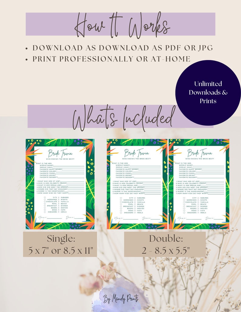 Bride Trivia Game Bridal Shower or Bachelorette Tropical Etsy
