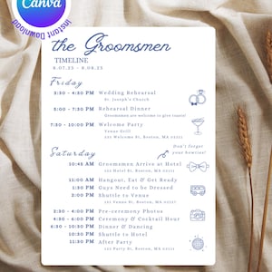 May include: A wedding timeline template with the text "the Groomsmen" in a handwritten font. The schedule includes events like the rehearsal dinner, welcome party, and ceremony. The design features decorative icons and is set against a neutral background.
