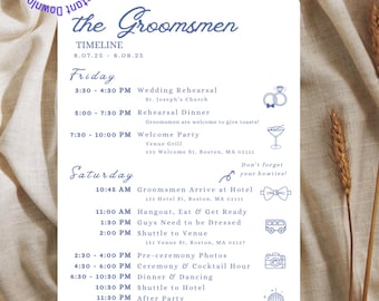 Puede incluir: Una plantilla de calendario de bodas con el texto "the Groomsmen" en una fuente manuscrita. El programa incluye eventos como la cena de ensayo, la fiesta de bienvenida y la ceremonia. El diseño presenta iconos decorativos.