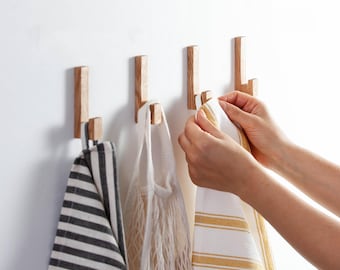 Self-Adhesive Oak Wall Hook – Square Minimalist Wooden Hook, No Drilling, Peel & Stick Towel/Clothes Hook | Kitchen Bathroom Hallway HSA Min
