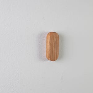 May include: A wooden hook in the shape of an oval, mounted on a white wall.