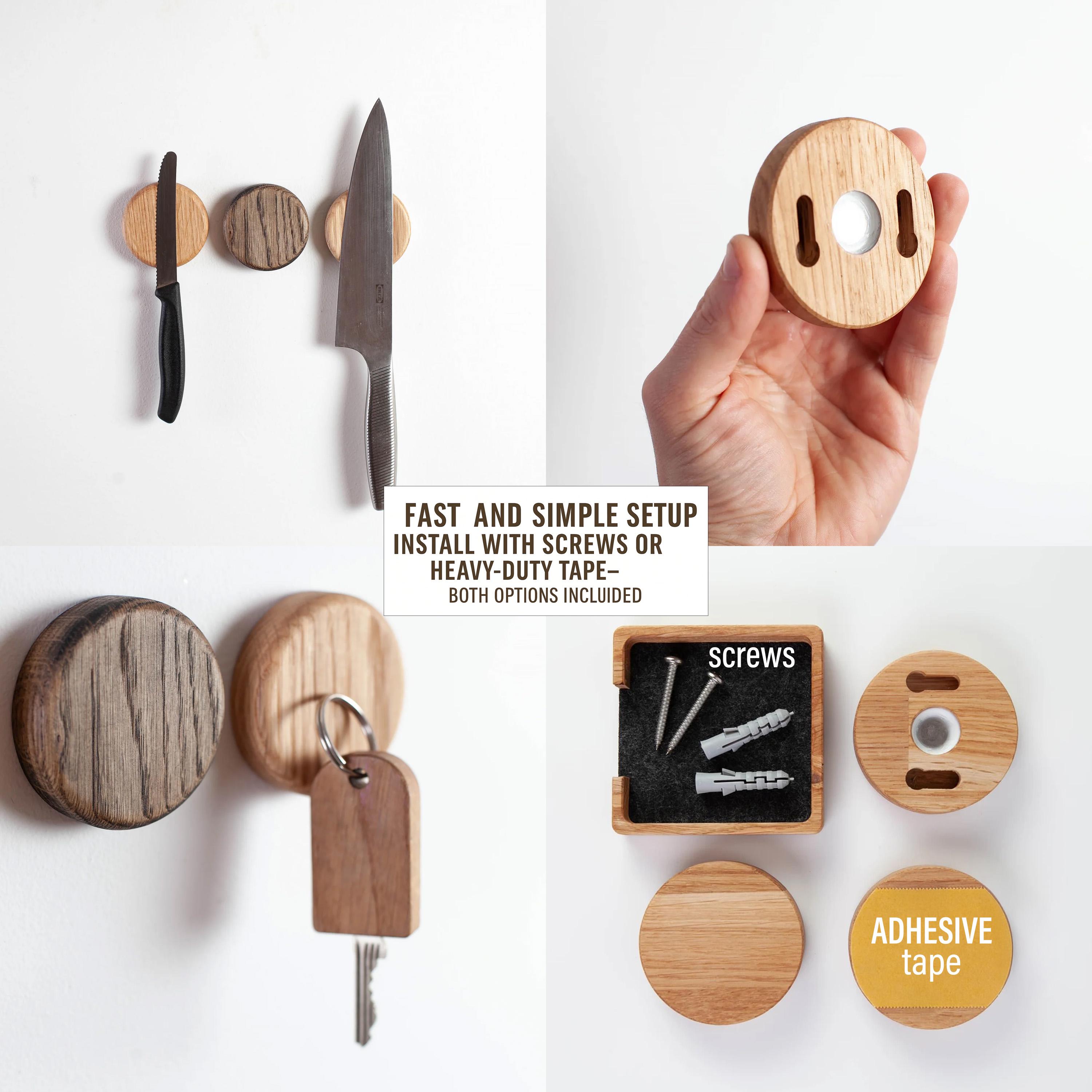 Porte-clés Magnétique En Chêne – Forme Pierre Design – Aimants Puissants – Fixation Vis Ou Adhésif – Naturel