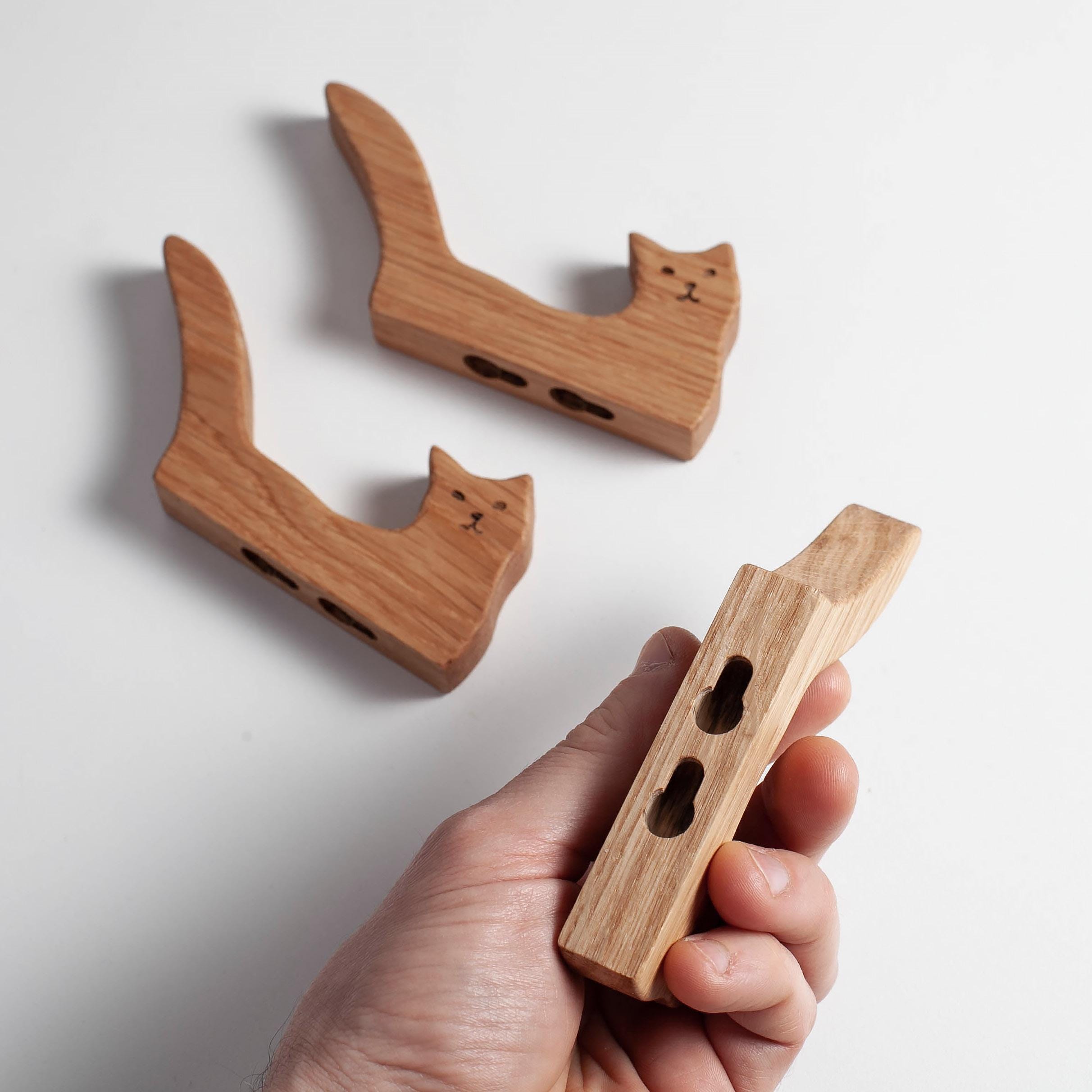 猫オークキッズフック、タイル用木製フック、オークコートフック壁掛け