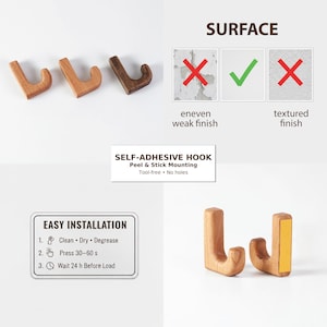 Wooden self adhesive towel hooks, ceramic tile, oak Coat Hook, kitchen Hooks Modern, Home Decor Gift, House Decor, HSA Craman Germany image 5