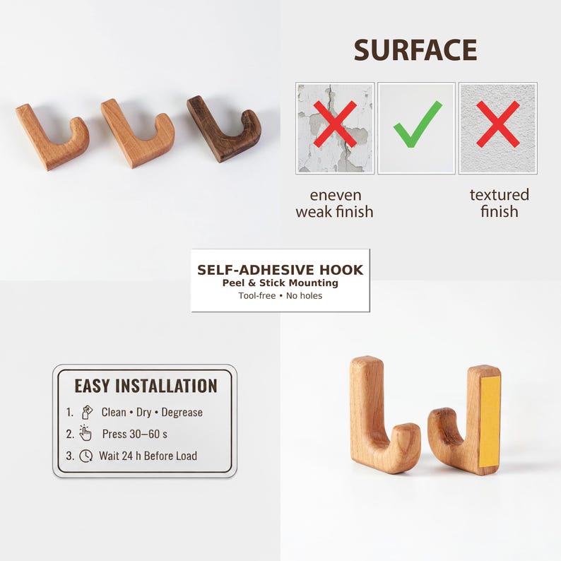Wooden self adhesive towel hooks, ceramic tile, oak Coat Hook, kitchen Hooks Modern, Home Decor Gift, House Decor, HSA Craman Germany image 5