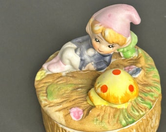 Vintage Fairy Fixie Elf Mushrooms Trinket Box 5404 HOMCO