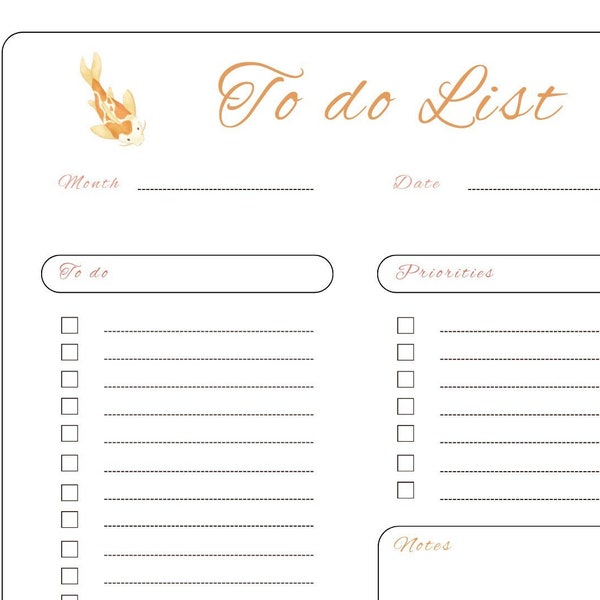 New Year, Koi, Minimal To Do List Printable, Simple Tasks List, Priorities, Notes, Productivity Planner, Reminder, Printable & Fillable PDF