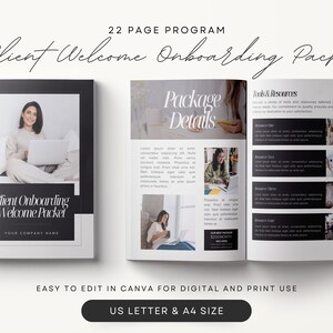 May include: A Client Welcome Onboarding Packet, a 22-page program, is displayed open and closed. The cover features a woman with a laptop. The open pages show "Package Details" and "Tools & Resources". The packet is designed for digital and print use, available in US Letter and A4 sizes.
