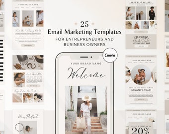 May include: A collection of 25 email marketing templates for entrepreneurs and business owners. The templates feature a minimalist aesthetic with a neutral color palette of beige, white, and black. The templates include various designs, such as a welcome email, a new product announcement, a sale announcement, and a blog post.