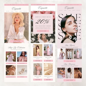 May include: Email newsletter for a clothing store called Coquelle. The newsletter features a 20% off sale, a new collection, and a selection of dresses, blouses, shoes, and accessories. The newsletter also includes a call to action to shop now.