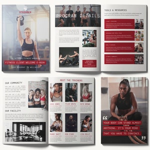 Könnte beinhalten: Ein offenes Buch mit einem roten und weißen Einband. Das Buch trägt den Titel "Stronger: The Ultimate Fitness Handbook" und "Fitness Client Welcome E-Book". Das Buch zeigt Fotos von Menschen, die in einem Fitnessstudio trainieren.