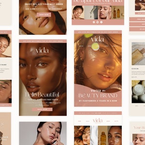 Könnte beinhalten: Eine Collage von Bildern, die für Vida Cosmetics, eine Kosmetikmarke, werben. Die Bilder zeigen Models mit strahlender Haut, Produktfotos und Text, der das Engagement der Marke für natürliche Inhaltsstoffe und nachhaltige Praktiken hervorhebt. Der Text enthält den Markennamen "Vida Cosmetics", den Slogan "Hello Beautiful" und den Satz "Von Kunden 5 Jahre in Folge zur Nummer 1 der Schönheitsmarken gewählt".