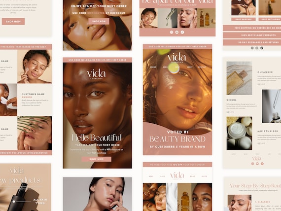 Beige Beauty Wellness Skincare Canva Emai Newsletter Marketing Templates, Medspa Esthetician, Klaviyo Mailchimp Flodesk Ecommerce